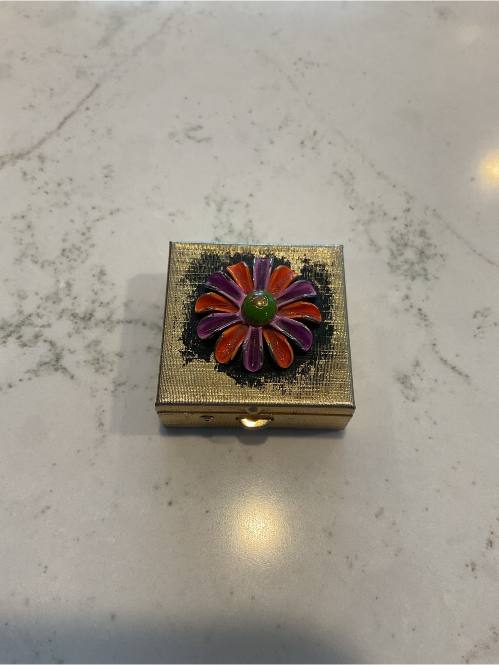 Vintage 1960’s brass metal flower push button pill/trinket box